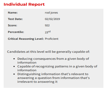 Individual Report. Name, Rod Jones. Test Date, 02/02/2019. Score, 922. Percentile, 23rd. Critical Reasoning Level, Proficient. Candidates at this level will be generally capable of: Deduce consequences from a given boy of information, capable of recognizing patterns in a given body of information, and distinguishing information that is relevant to answering a question from information that is irrelevant to answering it.